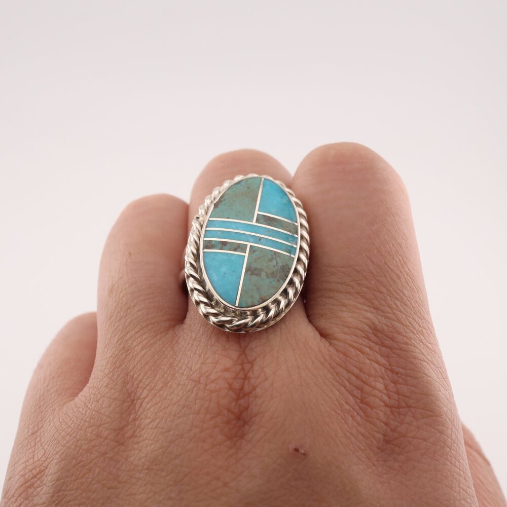 Navajo Sonoran and AZ Blue Turquoise Inlay Ring‎ Signed Handmade NA Sz 8.25US** - Picture 9 of 14